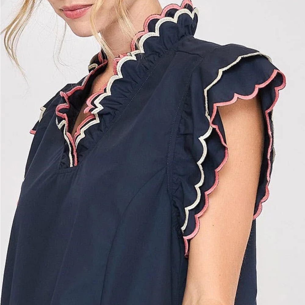UMGEE Navy Blue Dress Ruffled Scalloped Sleeve Vneck Preppy Pockets NWT - Picture 3 of 5